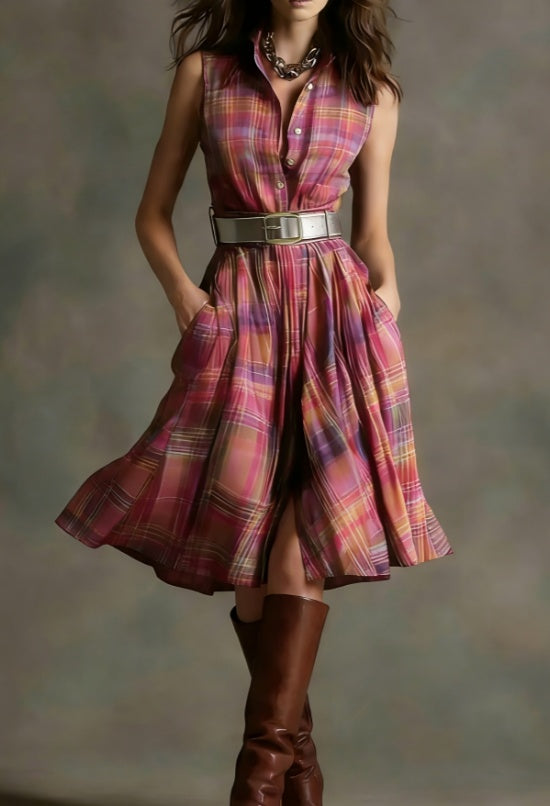 Plaid Collared Sleeveless Fitted Waist Dress 