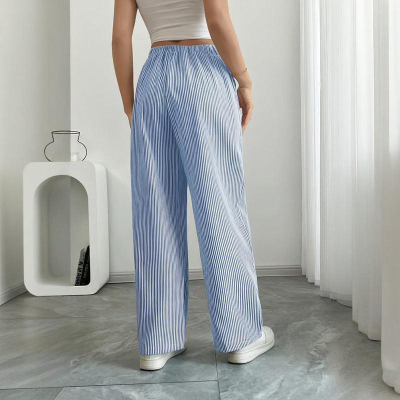 Women's Striped Print Straight Wide Leg Pockets Pants Casual Long Pants CJ US