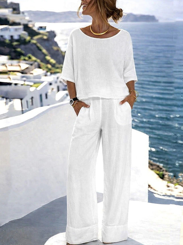Cotton-Linen Minimalist Elegant Resort Short-Sleeve Pants Set 