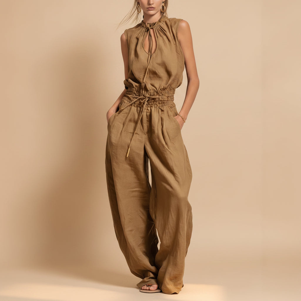 Personalized Street-style Loose-fitting Sleeveless Waist-cinching Wide-leg Jumpsuit 