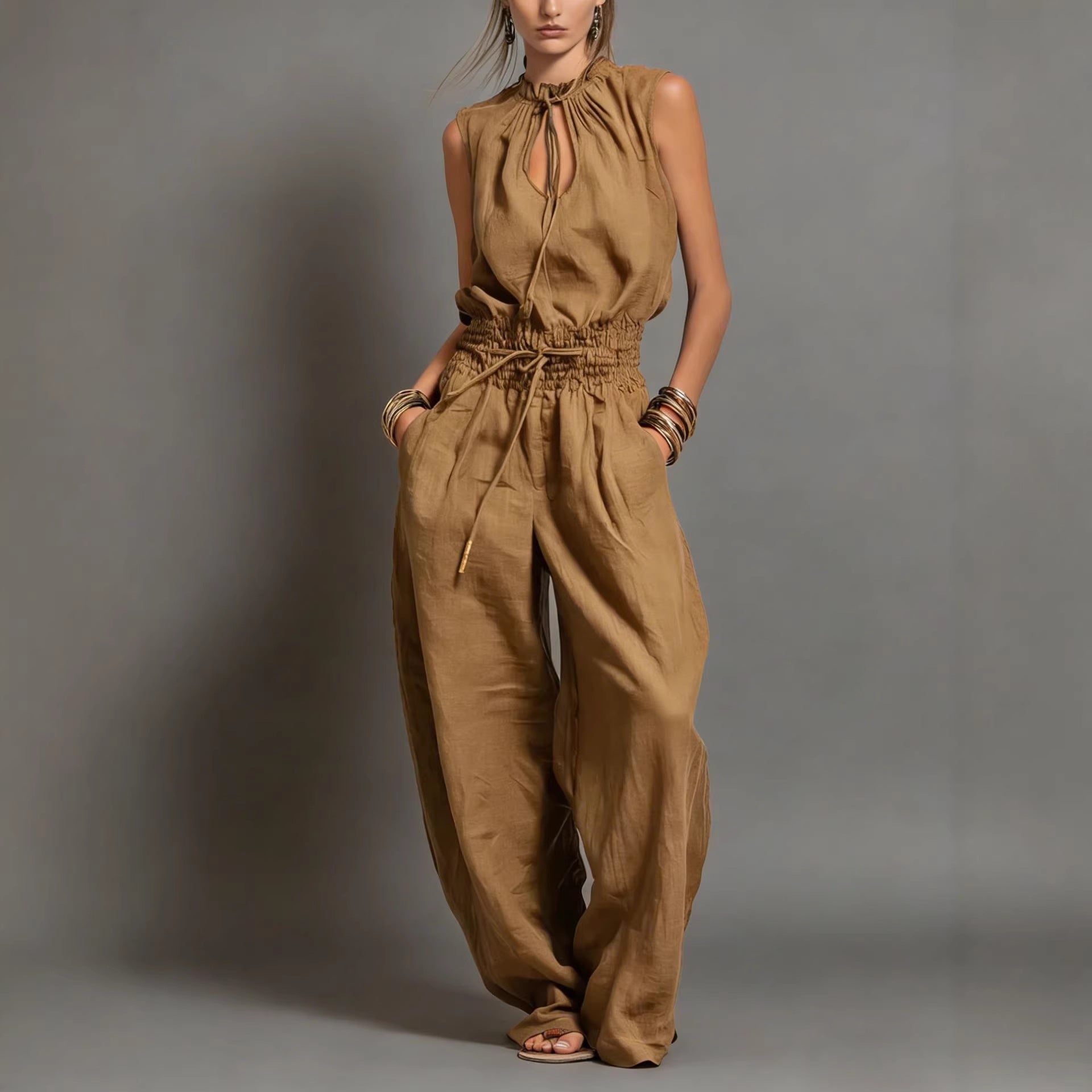 Personalized Street-style Loose-fitting Sleeveless Waist-cinching Wide-leg Jumpsuit 
