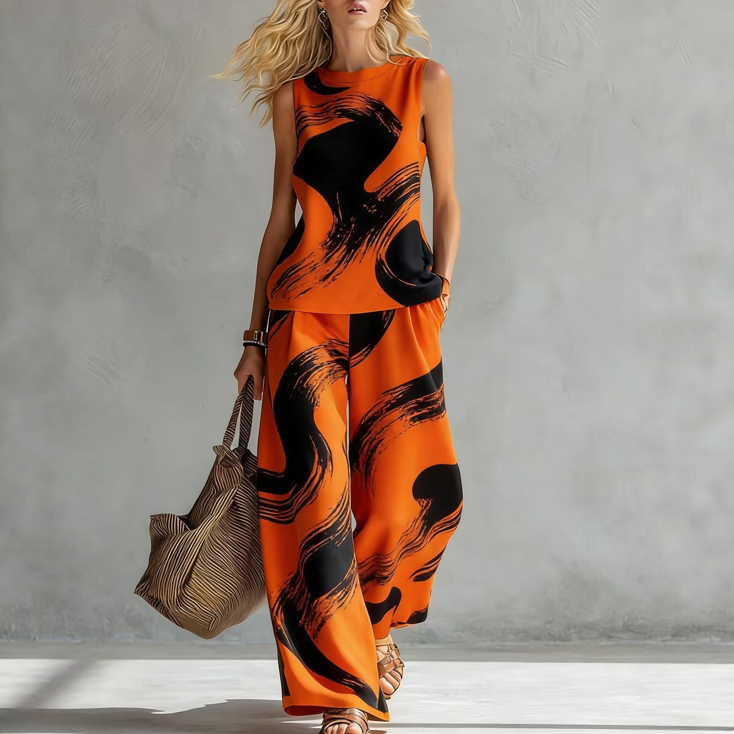 Women's Casual Sleeveless Printed Wide-Leg Pants Two-Piece Set 