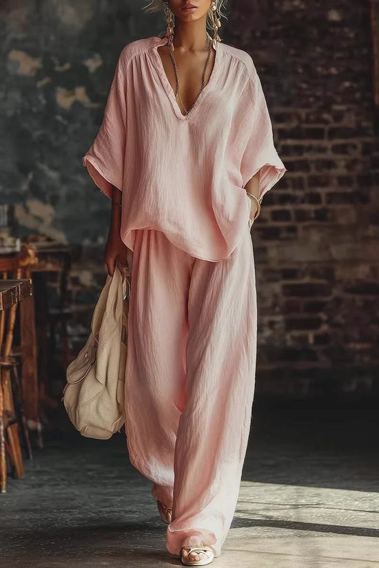 Womens V-neck Loose Short-Sleeve Casual Pants Two-Piece Set 