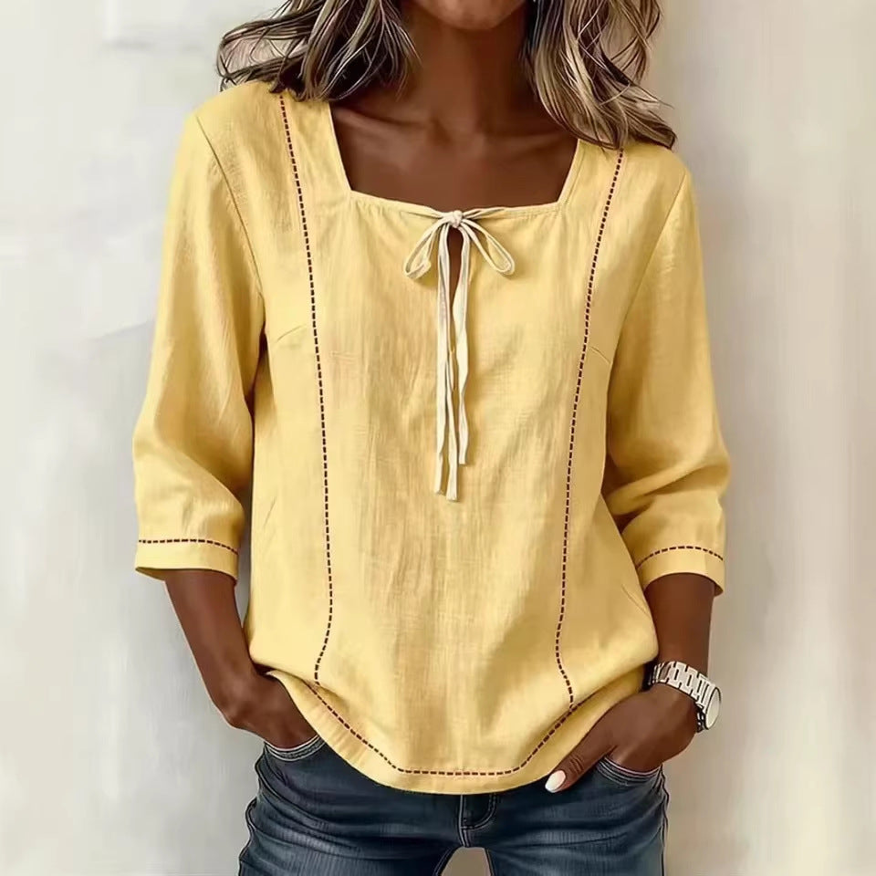 Printed Lace-Up Square-Neck Mid-Sleeve Womens Shirt 