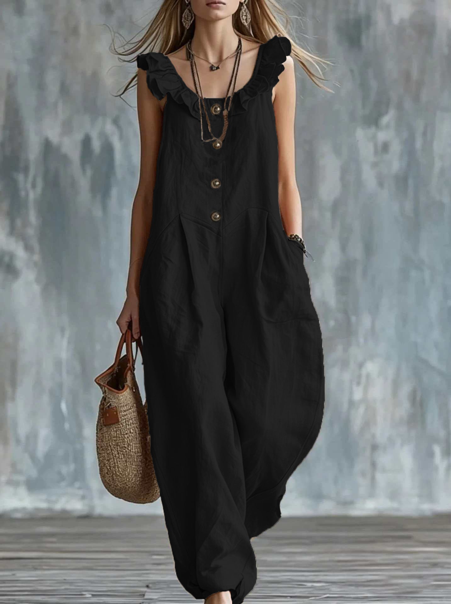 Womens Solid-Colored Sleeveless Button-Down Jumpsuit 