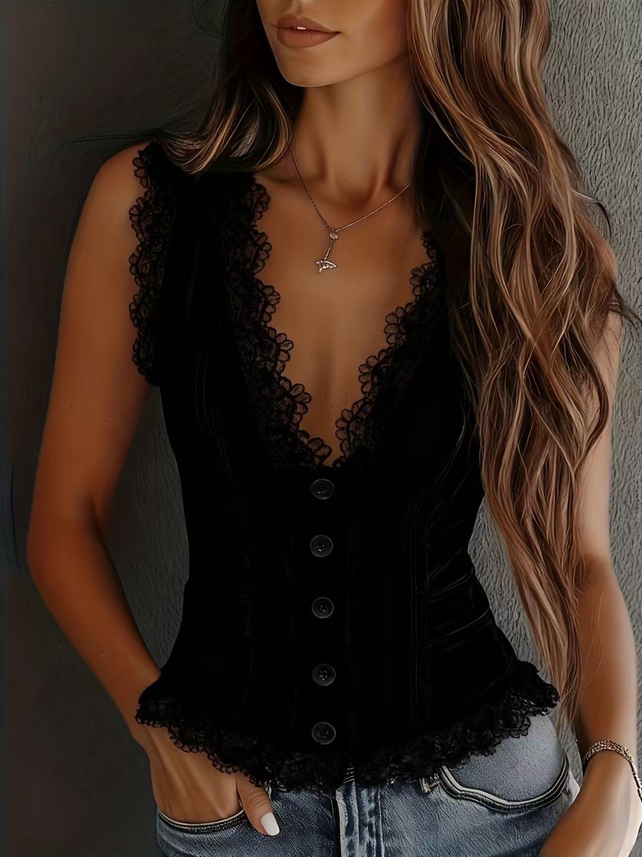 Lace Trim Button-Down Crop Tank Vest Women 