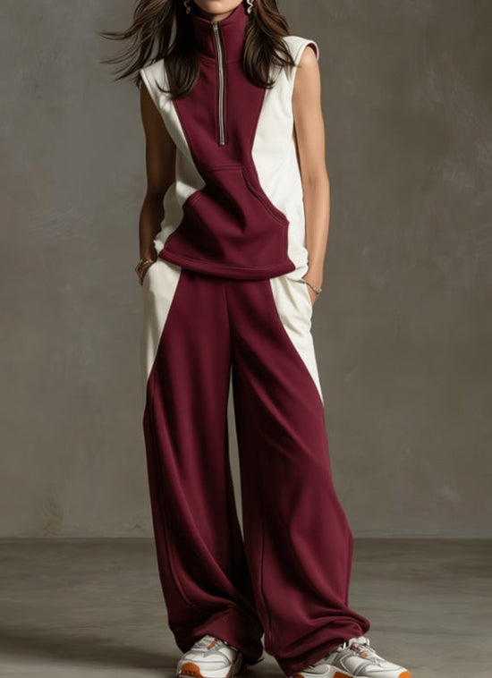Contrast Color Stand-up Collar Sleeveless Sportswear Set 