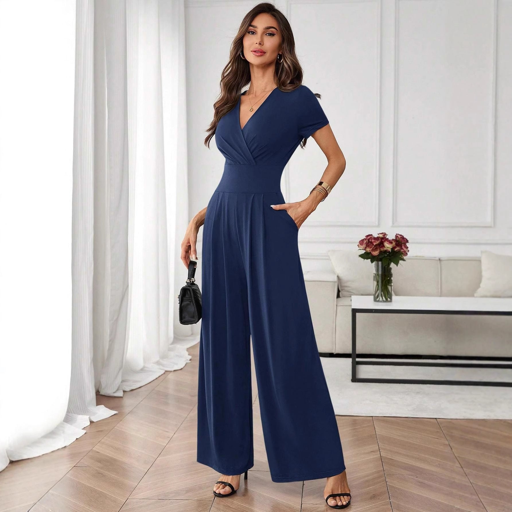 Women's Solid-Color Short-Sleeve Pleated Wide-Leg Jumpsuit 