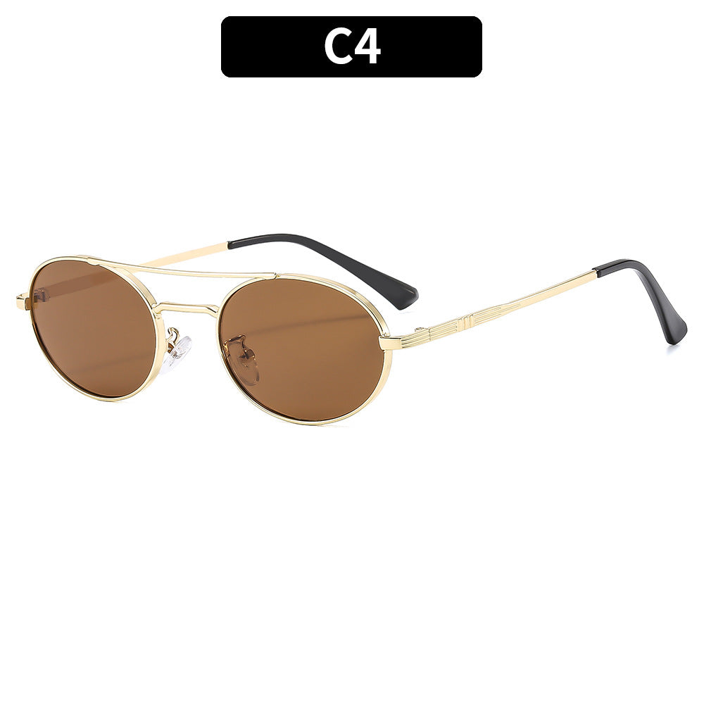 Retro Oval Fashionable Dual-Beam Metal Sunglasses For Sun Protection 