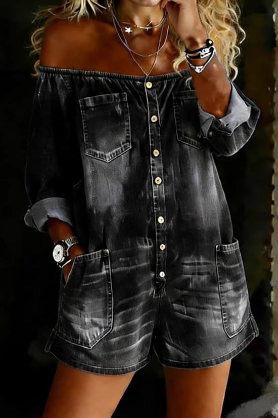 Fashionable Retro Off-Shoulder Long-Sleeve Loose Washed Denim Jumpsuit 
