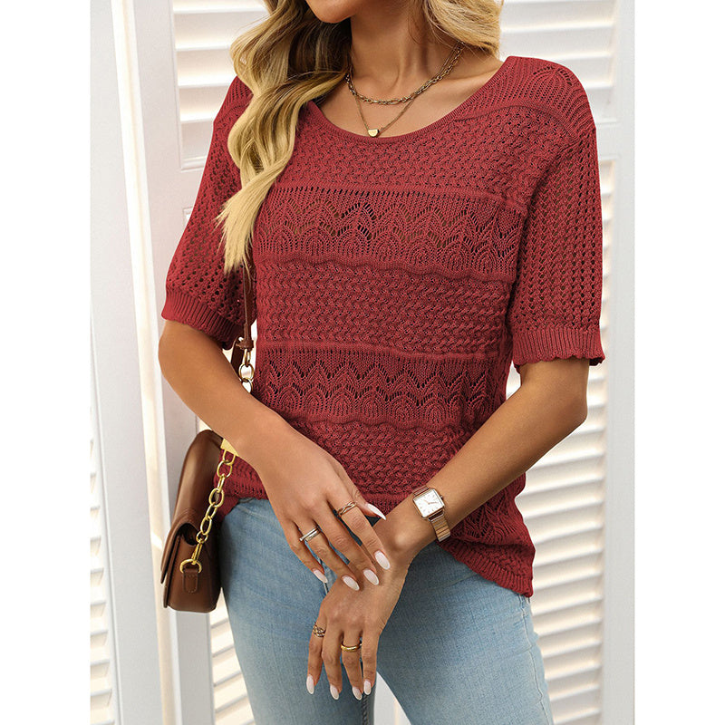 Women’s Short Sleeve Crochet Knit Hollow-Out Top CJ US