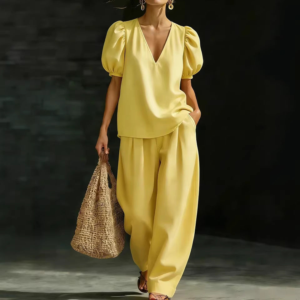 V-Neck Short-Sleeve Fashionable Casual Womens Set 