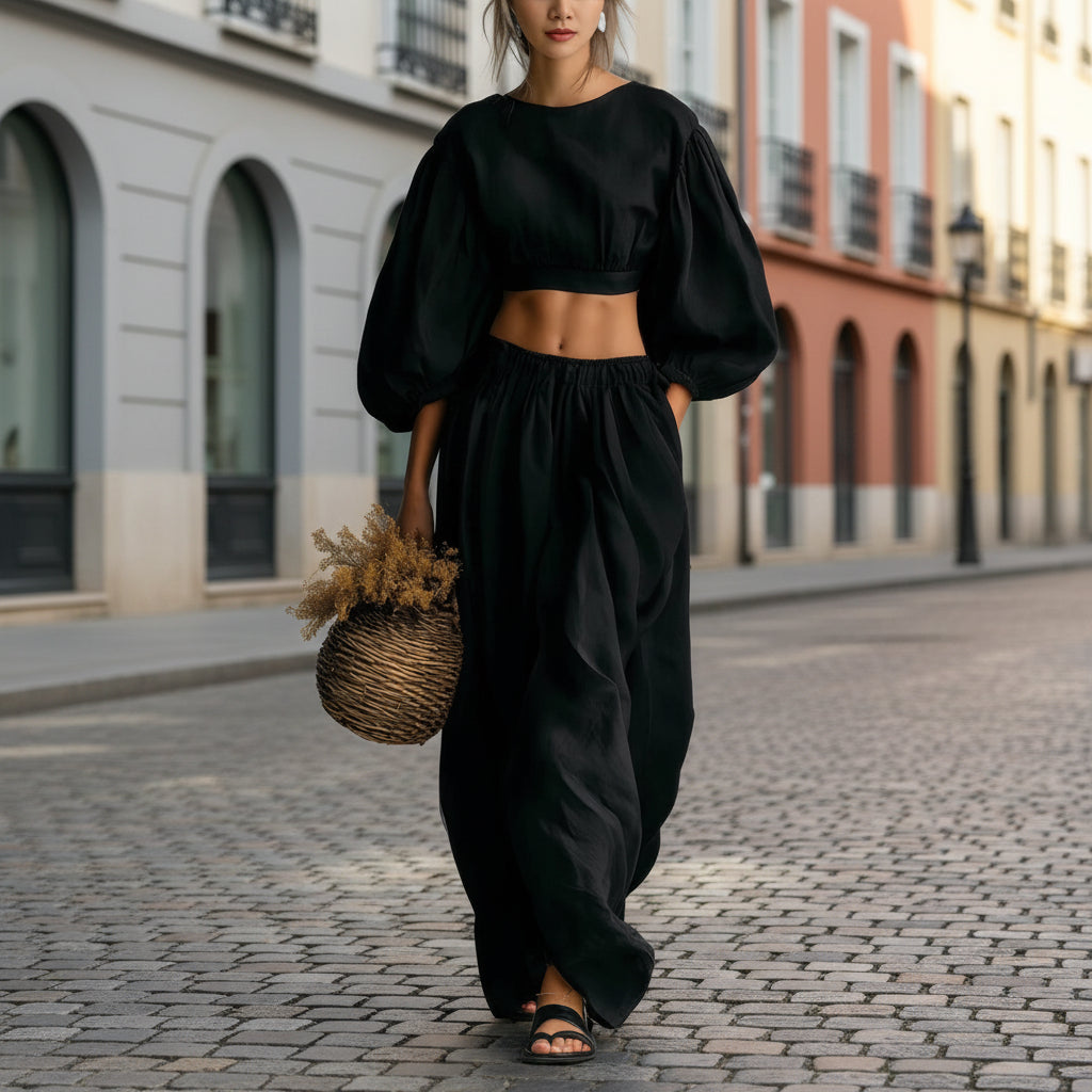 Crew-neck Puffed-sleeve Pocketed Pants Casual Womens Set 