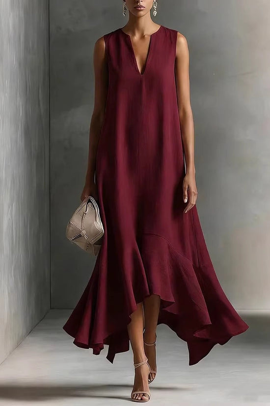 New Stylish Deep V-Neck Sleeveless Elegant Asymmetrical Hemline Dress 