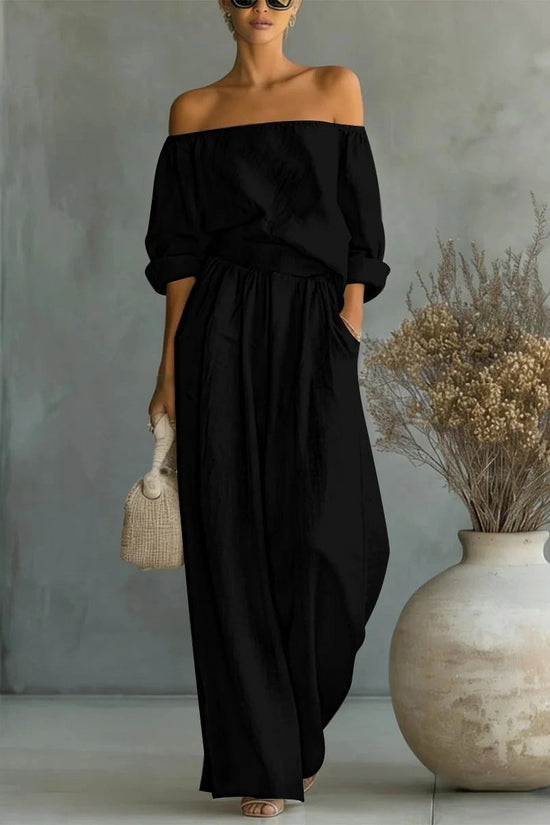 Casual Two-Piece Womens Outfit Off-Shoulder Top And Wide-Leg Pants Set 