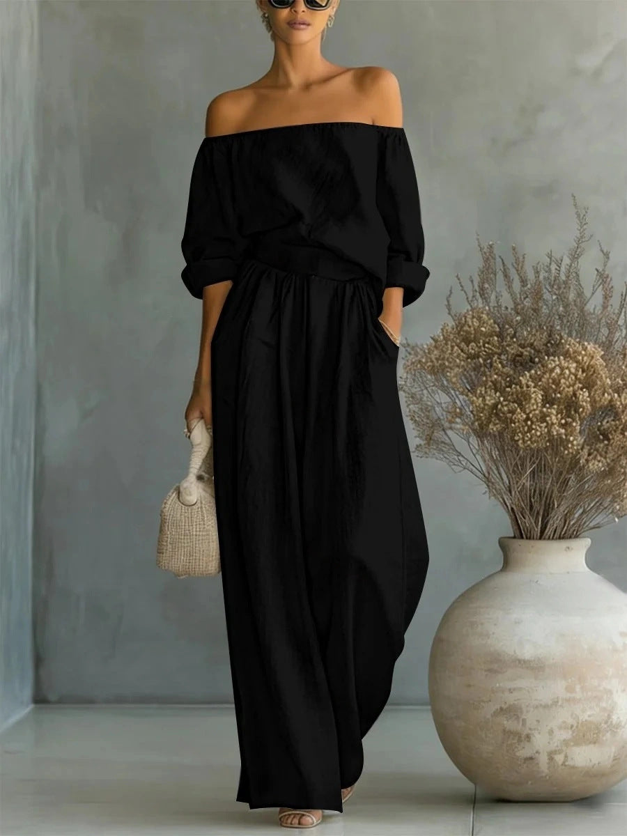 Casual Two-Piece Womens Outfit Off-Shoulder Top And Wide-Leg Pants Set 