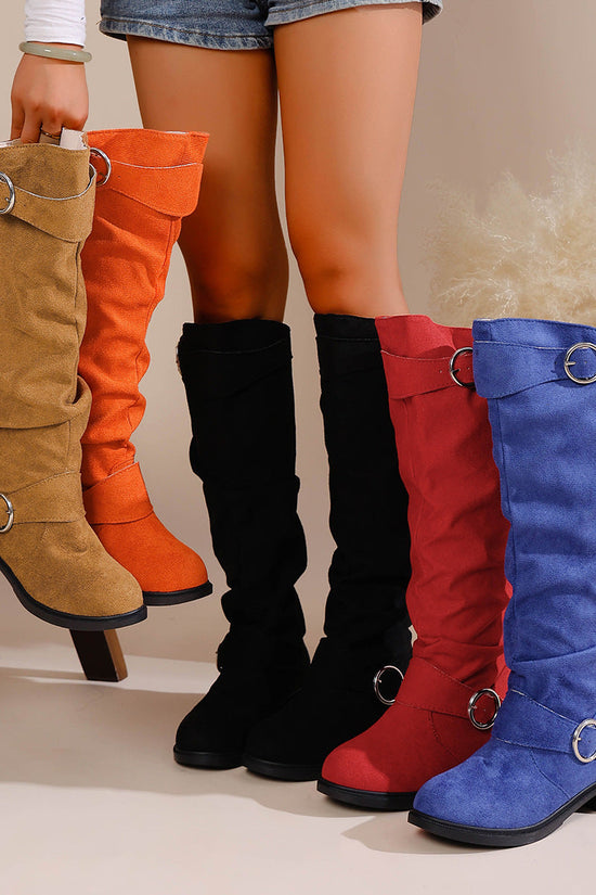 Pleated Flat-bottom Western Cowboy Boots For Women With Belt Buckle 