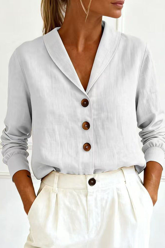 Fashionable Cotton-Linen Long-Sleeve Peter Pan Collar Button-Up Shirt 