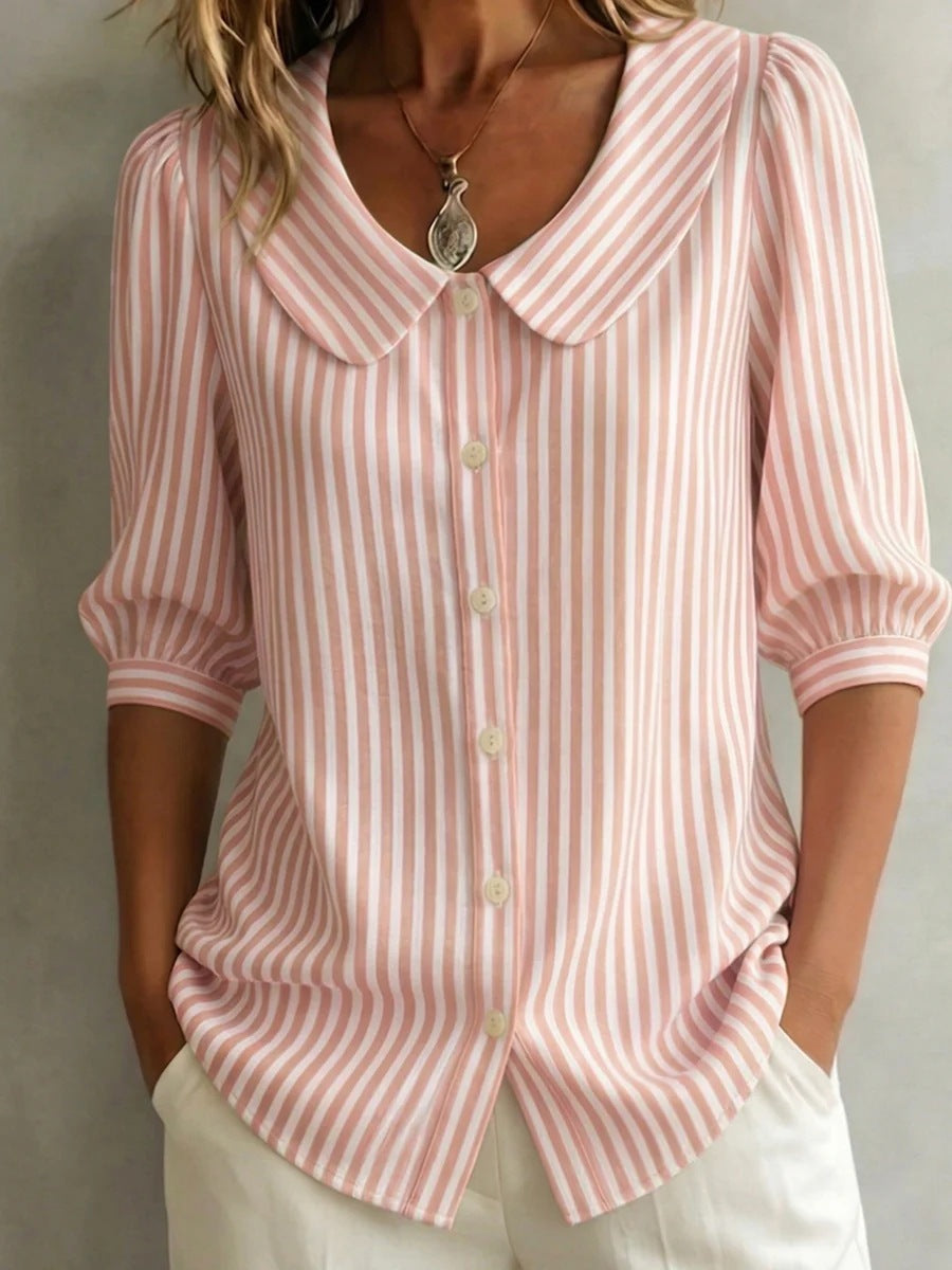 Mid-sleeve Striped V-neck Shirt Top T-shirt Womens Clothing 