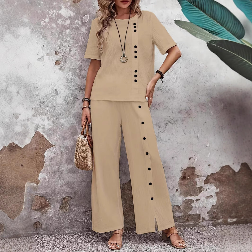 Two-piece Short-sleeve Button-up Top Loose-fit Womens Outfit 
