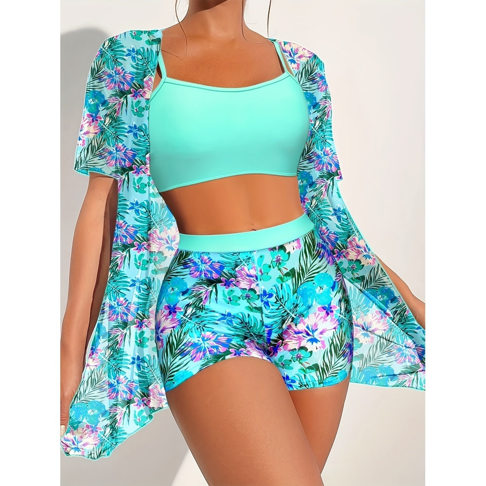 Printed High‑Waist Slimming Bikini Three‑Piece Set CJ US