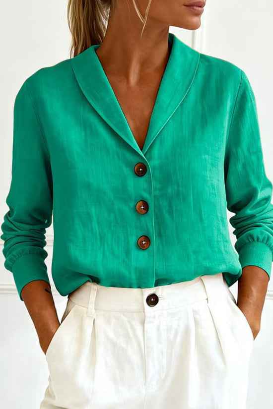 Fashionable Cotton-Linen Long-Sleeve Peter Pan Collar Button-Up Shirt 