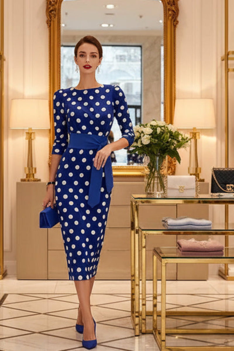 Retro Polka-dot Navy Blue Belted Waist-hugging Elegant Dress 