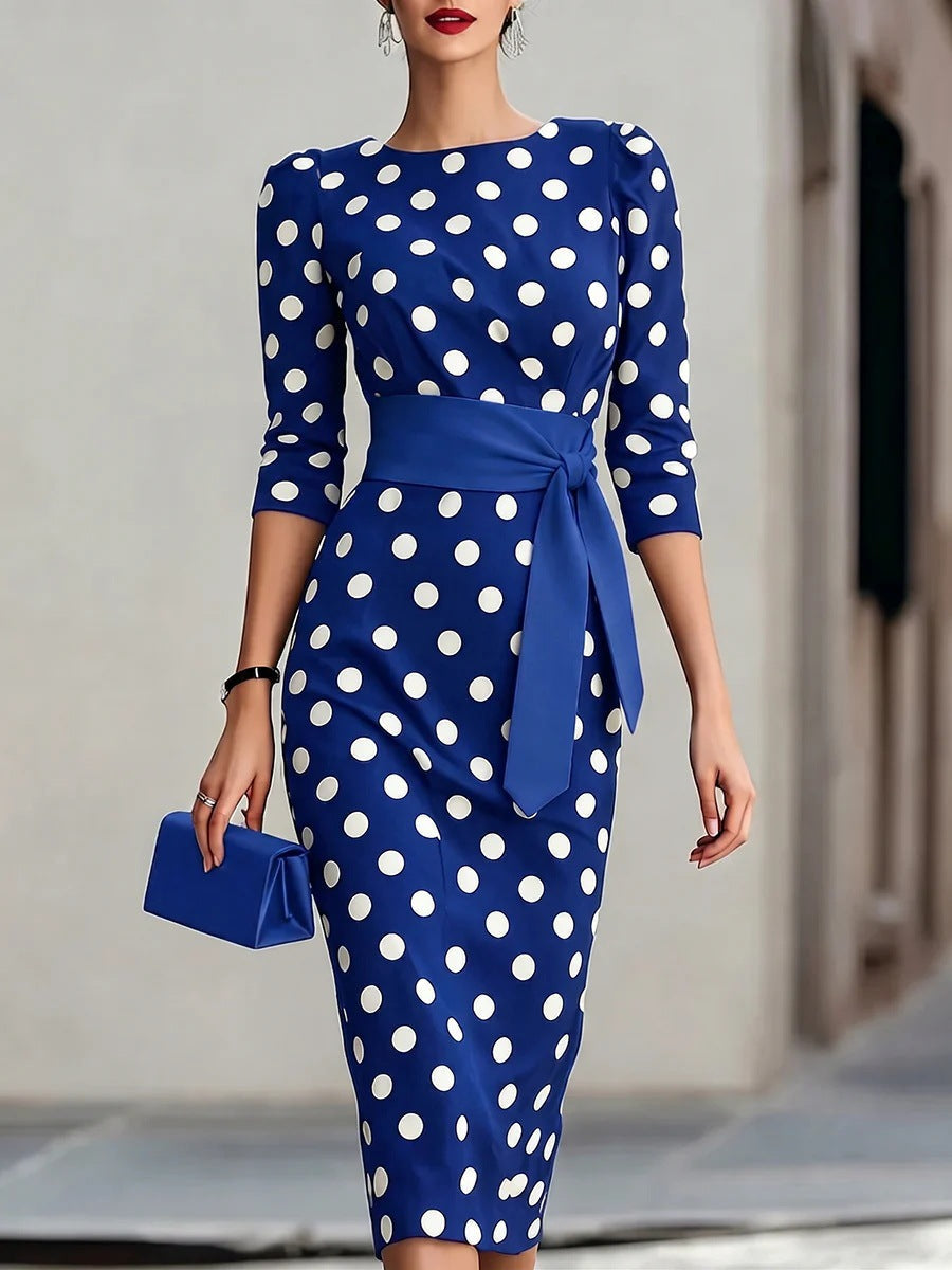 Retro Polka-dot Navy Blue Belted Waist-hugging Elegant Dress 