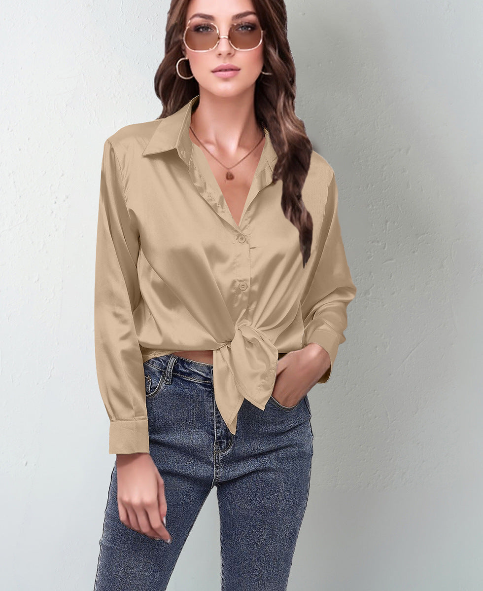 Women’s Satin Lapel Button-Down Blouse 
