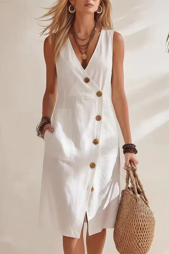 Resort-style V-neck Sleeveless Asymmetrical-button Midi Dress 