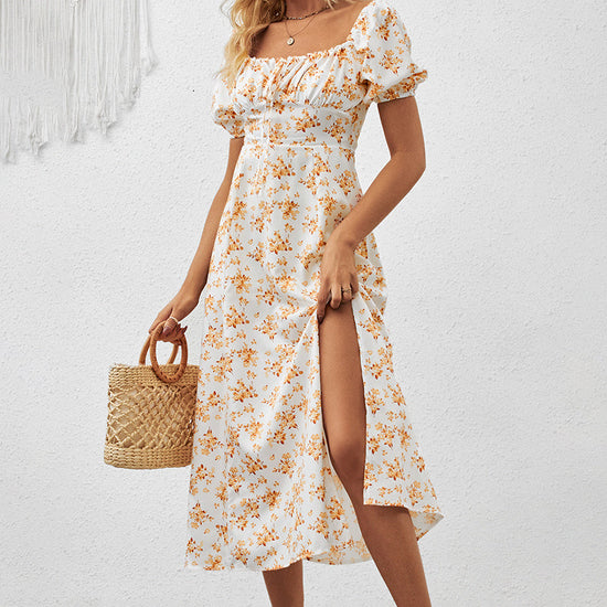 Square Neck Floral Print Dress With Puff Sleeves & Side Slit Maxi Dress CJ US