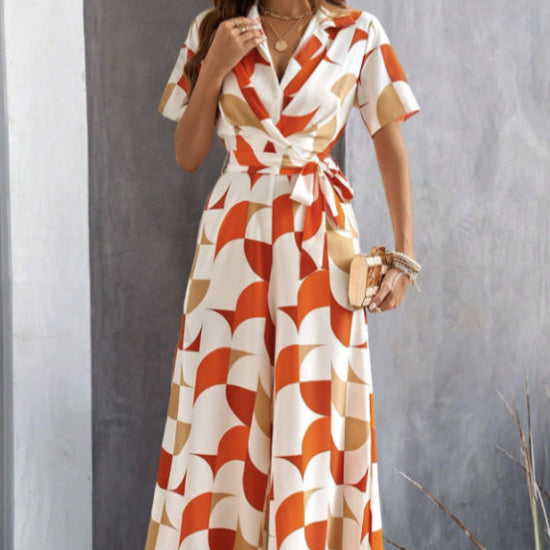 Women's Geometric Pattern Printed Lace Up Shirt Jumpsuit CJ