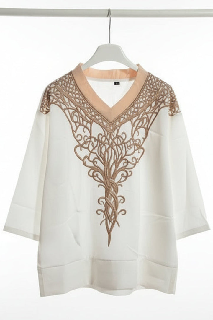 Ethnic Style Embroidered Fringe V-Neck Resort Top 