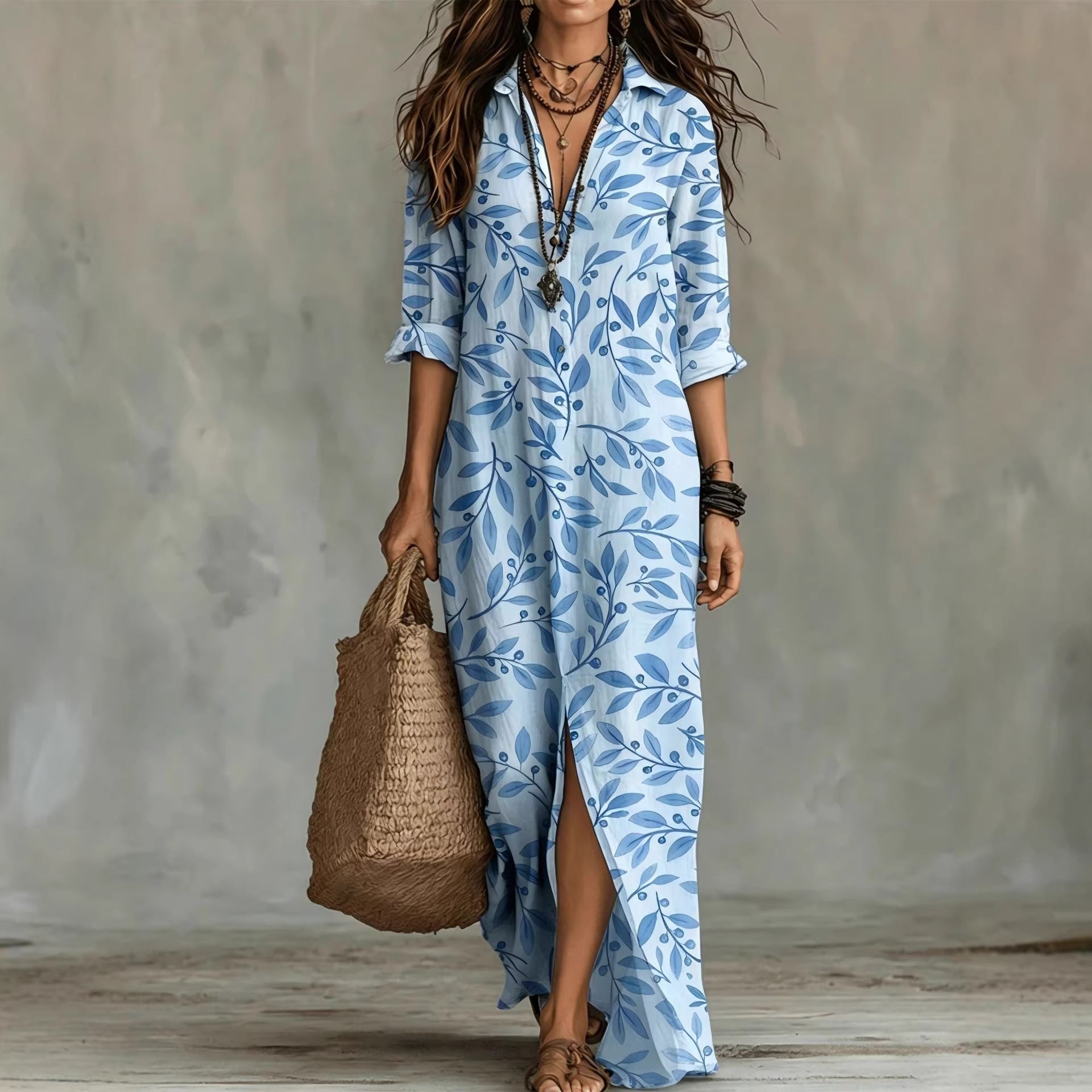 Casual Lapel-Neck Long Digital-Print Womens Shirt Dress 