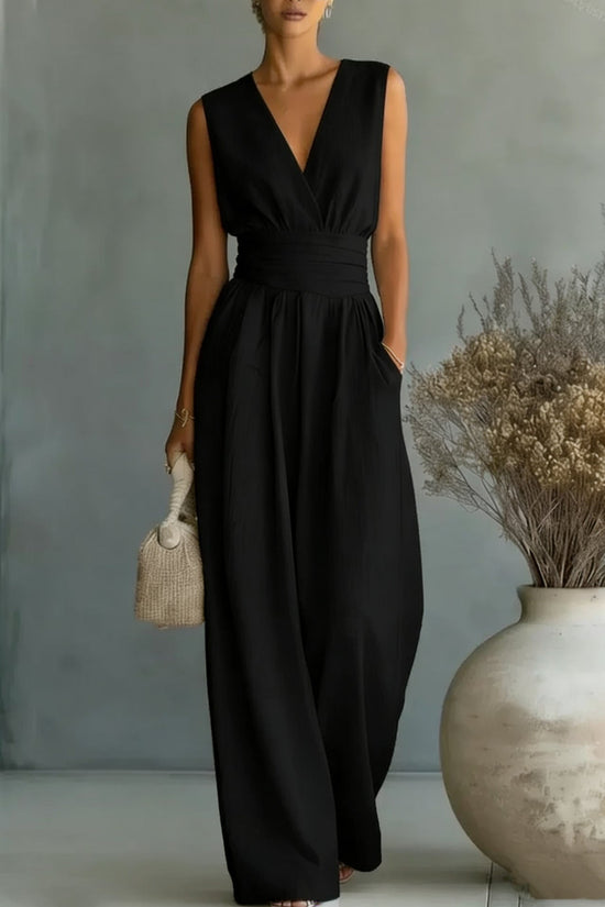 Womens Elegant Sleeveless Waist-Cinching V-Neck Sophisticated Jumpsuit 