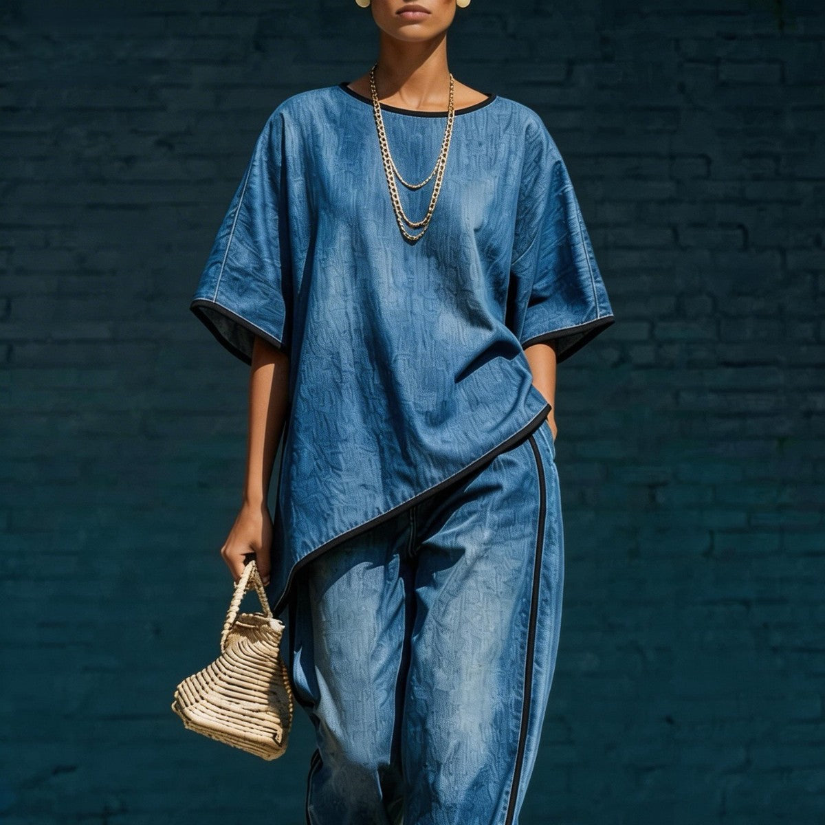 Elegant Casual Denim-Style Loose Wide-Leg Pants Two-Piece Set 