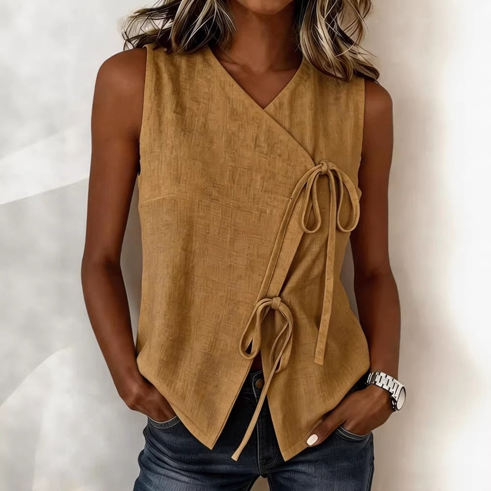 Womens Bow-Tied V-Neck Top Sleeveless Tank Top 