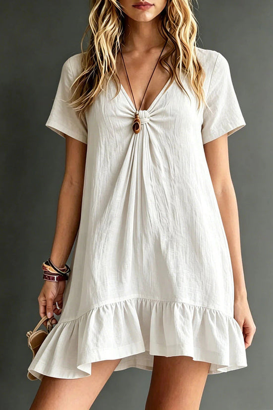 Womens Solid-Color V-Neck Short-Sleeve Casual Dress 