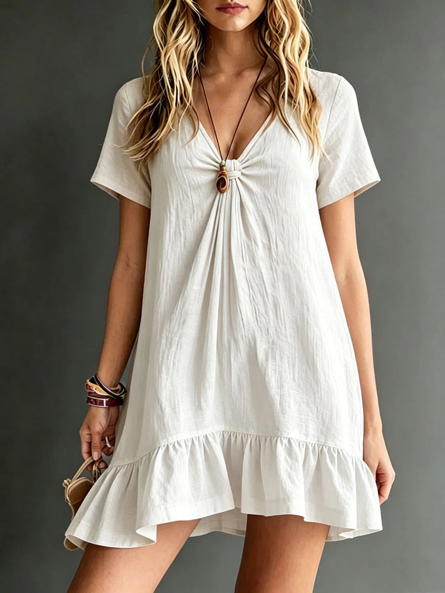Womens Solid-Color V-Neck Short-Sleeve Casual Dress 