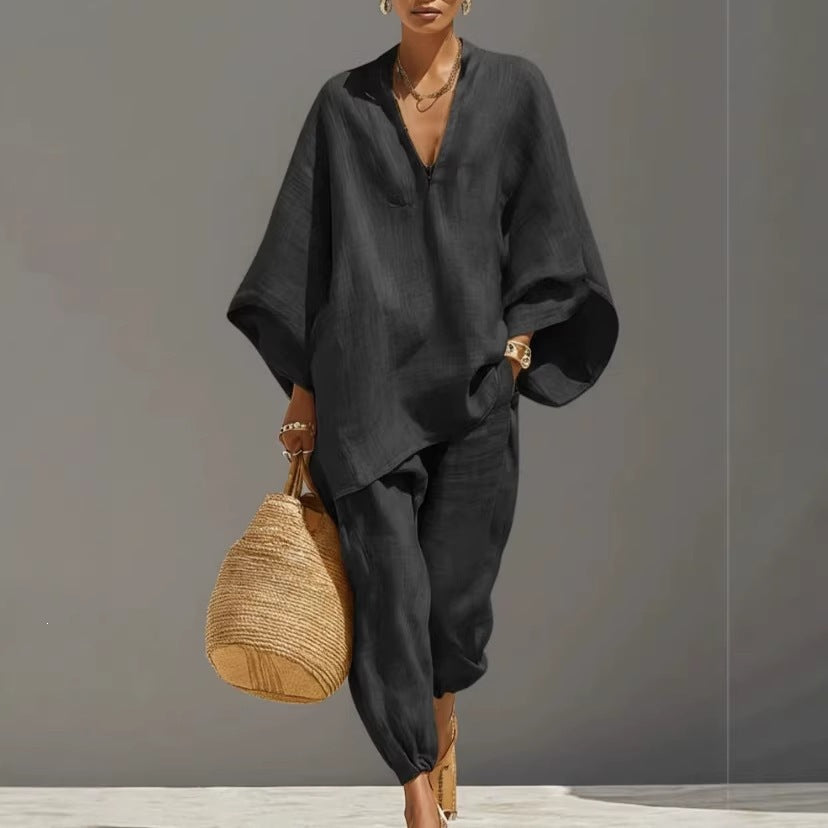 Casual Relaxed Loose-Fitting Solid-Color Shirt Set 