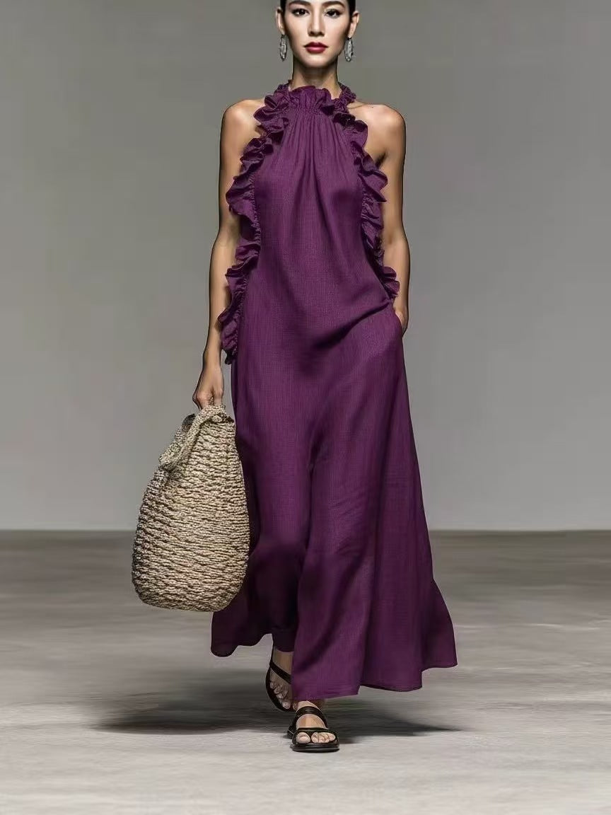 Summer Halter Neck Ruffled Sleeveless Dress, Loose Fit Flowy Dress With Pockets 
