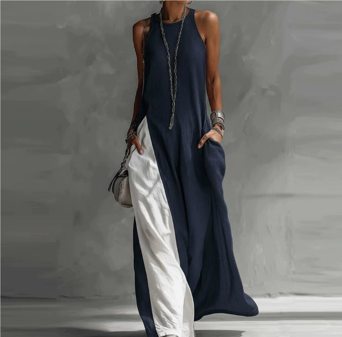Womens Sleeveless Loose-Fit Color-Block Casual Off-Shoulder Dress With Pockets 