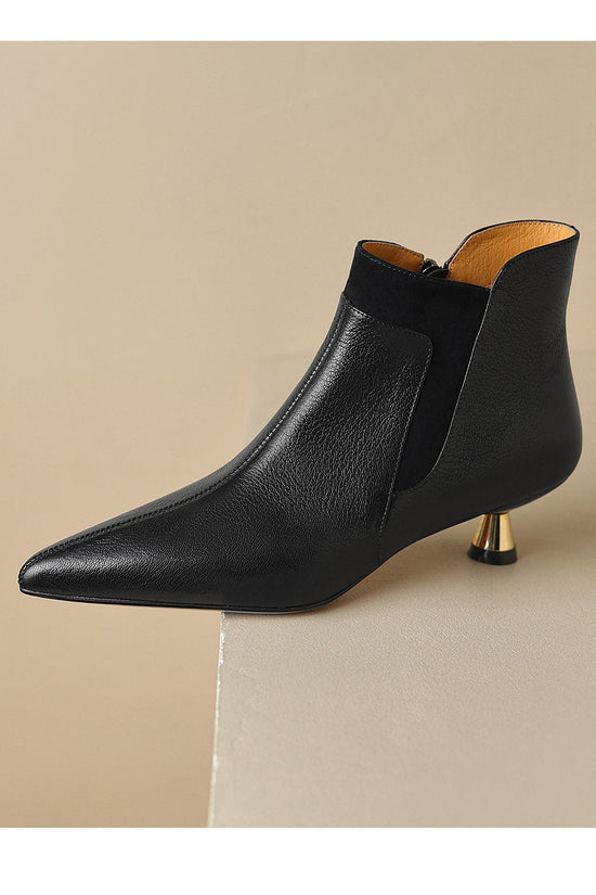 Genuine Leather Pointed-toe Kitten Heel Ankle Boots With A Sleek Mid-heel Design 