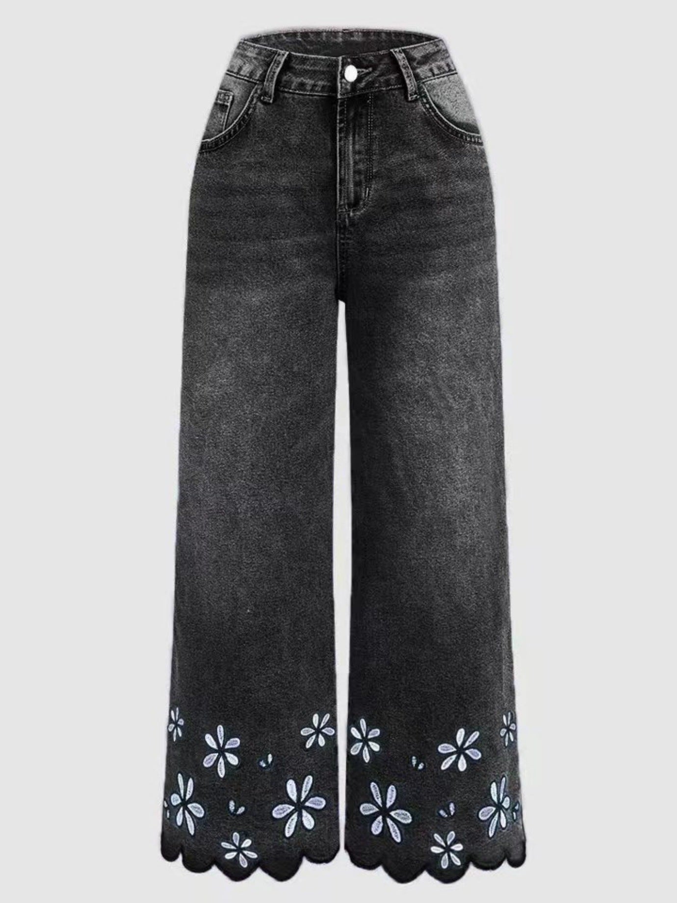 Chrysanthemum Embroidered Casual Stretch Womens Cropped Denim Jeans 