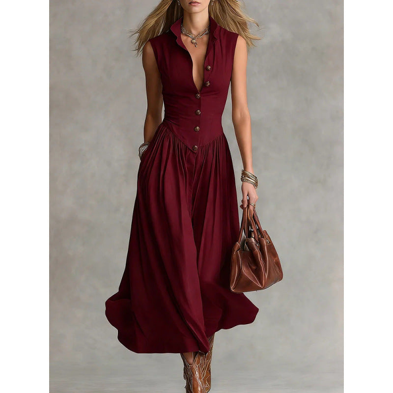 Elegant, Sophisticated Long Sleeveless Dress With A Lapel Collar 