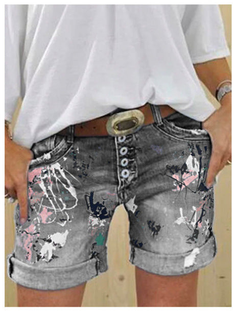 High-Waisted Elastic Printed Women's Denim Shorts with Button Closure, Large Size, Fashionable Design 
