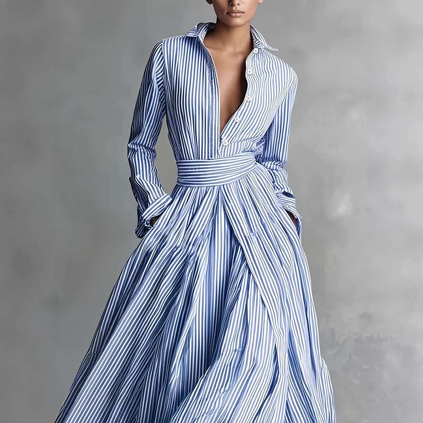 Striped long sleeved pocket cardigan tied shirt dress 