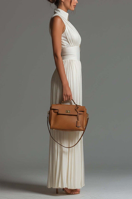 White Pleated Strap Neck Jumpsuit for Women, Long Wide Leg Fashion Sexy Folded Design 