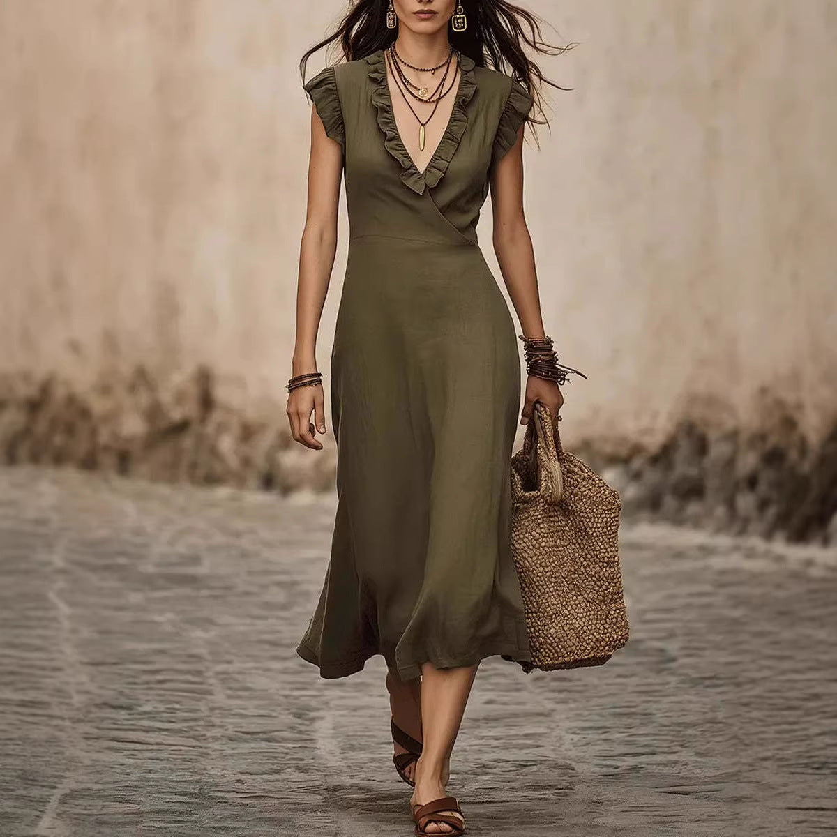V-neck Cotton-Linen Flutter Sleeve Ruffle-trimmed Midi Dress For Women 