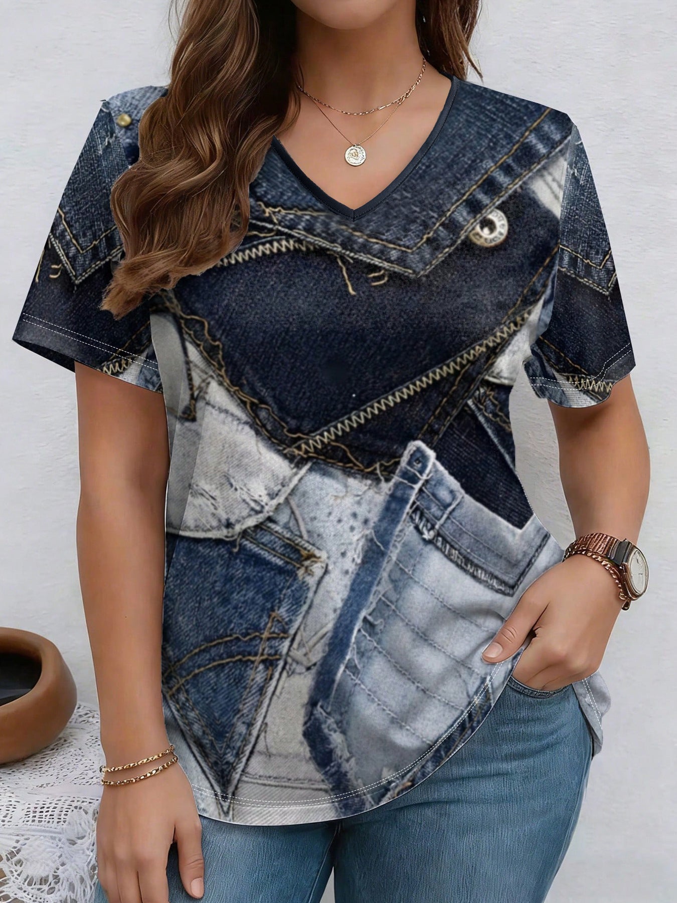 Womens Summer New V-Neck Denim Printed Short-Sleeve T-Shirt 